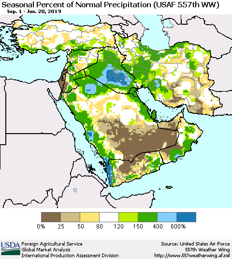 Middle East and Turkey Seasonal Percent of Normal Precipitation (USAF 557th WW) Thematic Map For 9/1/2018 - 6/20/2019