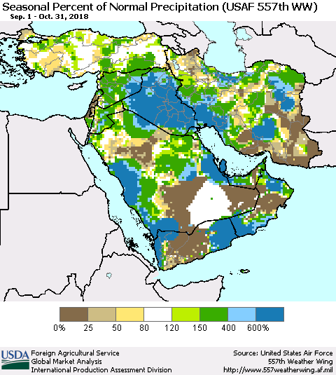Middle East and Turkey Seasonal Percent of Normal Precipitation (USAF 557th WW) Thematic Map For 9/1/2018 - 10/31/2018