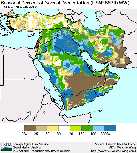 Middle East and Turkey Seasonal Percent of Normal Precipitation (USAF 557th WW) Thematic Map For 9/1/2018 - 11/10/2018