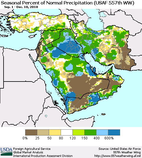 Middle East and Turkey Seasonal Percent of Normal Precipitation (USAF 557th WW) Thematic Map For 9/1/2018 - 12/10/2018