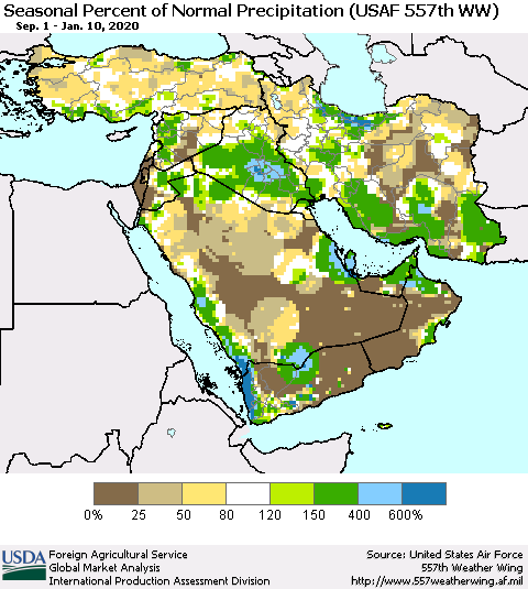 Middle East and Turkey Seasonal Percent of Normal Precipitation (USAF 557th WW) Thematic Map For 9/1/2019 - 1/10/2020