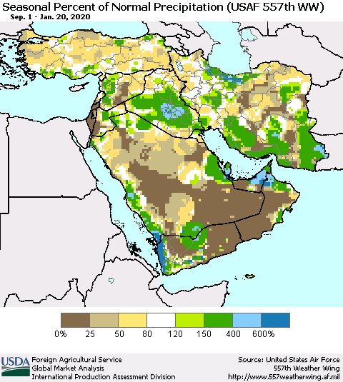 Middle East and Turkey Seasonal Percent of Normal Precipitation (USAF 557th WW) Thematic Map For 9/1/2019 - 1/20/2020