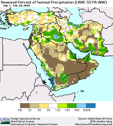 Middle East and Turkey Seasonal Percent of Normal Precipitation (USAF 557th WW) Thematic Map For 9/1/2019 - 2/20/2020