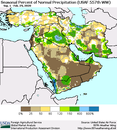 Middle East and Turkey Seasonal Percent of Normal Precipitation (USAF 557th WW) Thematic Map For 9/1/2019 - 2/29/2020
