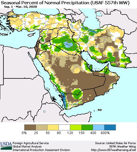 Middle East and Turkey Seasonal Percent of Normal Precipitation (USAF 557th WW) Thematic Map For 9/1/2019 - 3/10/2020
