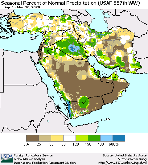 Middle East and Turkey Seasonal Percent of Normal Precipitation (USAF 557th WW) Thematic Map For 9/1/2019 - 3/20/2020