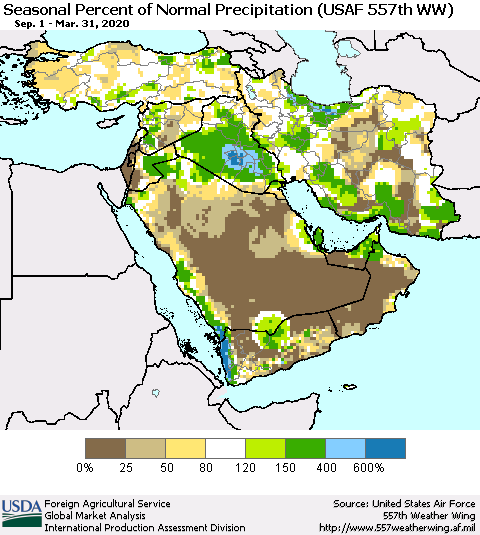 Middle East and Turkey Seasonal Percent of Normal Precipitation (USAF 557th WW) Thematic Map For 9/1/2019 - 3/31/2020