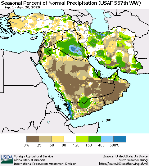 Middle East and Turkey Seasonal Percent of Normal Precipitation (USAF 557th WW) Thematic Map For 9/1/2019 - 4/20/2020