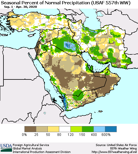 Middle East and Turkey Seasonal Percent of Normal Precipitation (USAF 557th WW) Thematic Map For 9/1/2019 - 4/30/2020