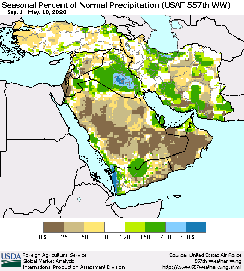 Middle East and Turkey Seasonal Percent of Normal Precipitation (USAF 557th WW) Thematic Map For 9/1/2019 - 5/10/2020