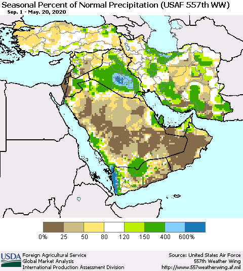 Middle East and Turkey Seasonal Percent of Normal Precipitation (USAF 557th WW) Thematic Map For 9/1/2019 - 5/20/2020