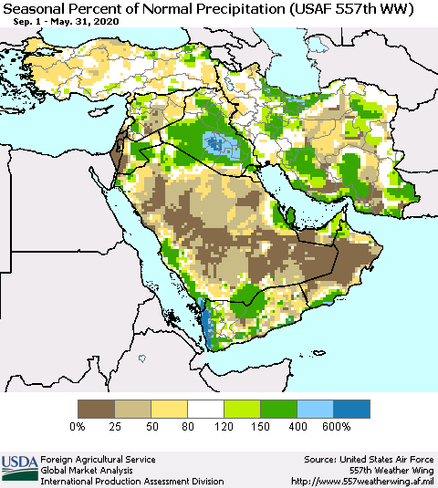 Middle East and Turkey Seasonal Percent of Normal Precipitation (USAF 557th WW) Thematic Map For 9/1/2019 - 5/31/2020