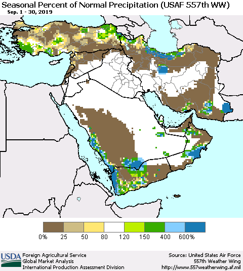 Middle East and Turkey Seasonal Percent of Normal Precipitation (USAF 557th WW) Thematic Map For 9/1/2019 - 9/30/2019