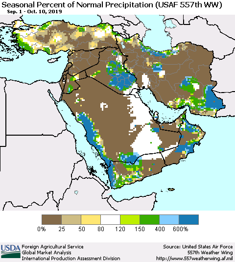 Middle East and Turkey Seasonal Percent of Normal Precipitation (USAF 557th WW) Thematic Map For 9/1/2019 - 10/10/2019