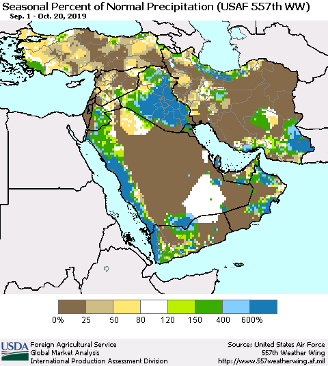 Middle East and Turkey Seasonal Percent of Normal Precipitation (USAF 557th WW) Thematic Map For 9/1/2019 - 10/20/2019