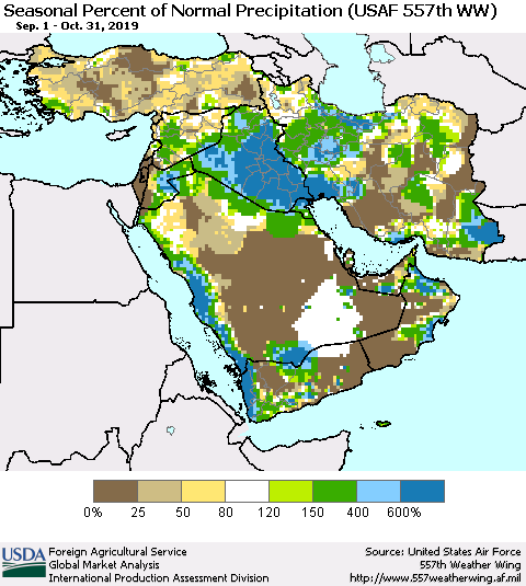Middle East and Turkey Seasonal Percent of Normal Precipitation (USAF 557th WW) Thematic Map For 9/1/2019 - 10/31/2019