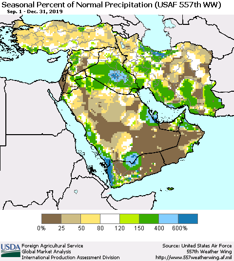 Middle East and Turkey Seasonal Percent of Normal Precipitation (USAF 557th WW) Thematic Map For 9/1/2019 - 12/31/2019