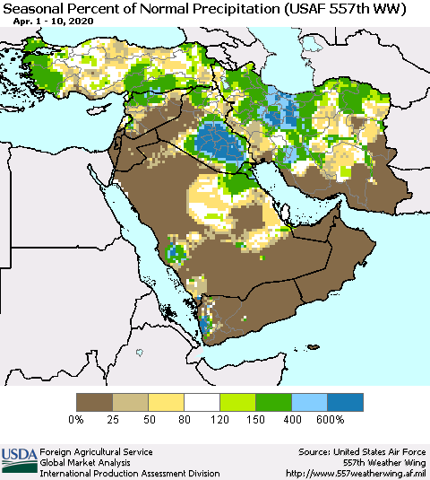 Middle East and Turkey Seasonal Percent of Normal Precipitation (USAF 557th WW) Thematic Map For 4/1/2020 - 4/10/2020