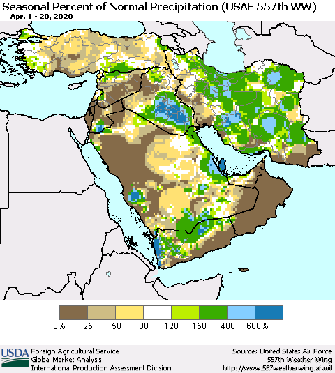 Middle East and Turkey Seasonal Percent of Normal Precipitation (USAF 557th WW) Thematic Map For 4/1/2020 - 4/20/2020