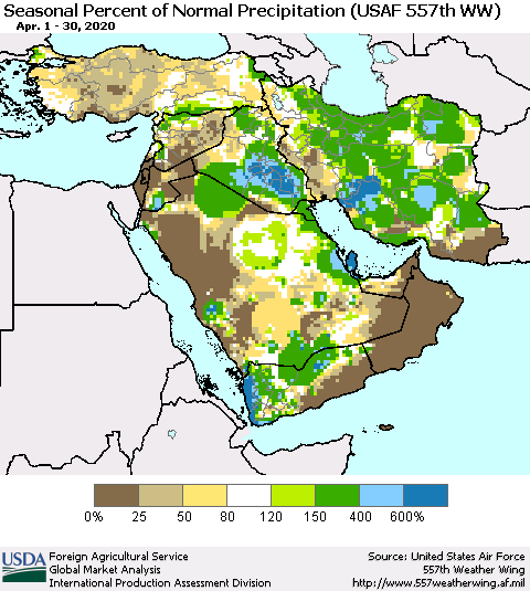 Middle East and Turkey Seasonal Percent of Normal Precipitation (USAF 557th WW) Thematic Map For 4/1/2020 - 4/30/2020