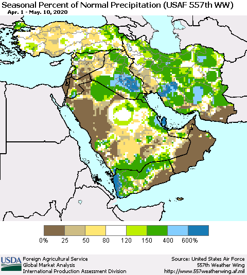 Middle East and Turkey Seasonal Percent of Normal Precipitation (USAF 557th WW) Thematic Map For 4/1/2020 - 5/10/2020