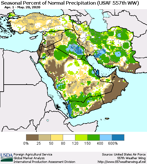 Middle East and Turkey Seasonal Percent of Normal Precipitation (USAF 557th WW) Thematic Map For 4/1/2020 - 5/20/2020