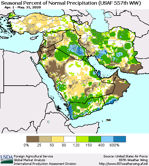 Middle East and Turkey Seasonal Percent of Normal Precipitation (USAF 557th WW) Thematic Map For 4/1/2020 - 5/31/2020