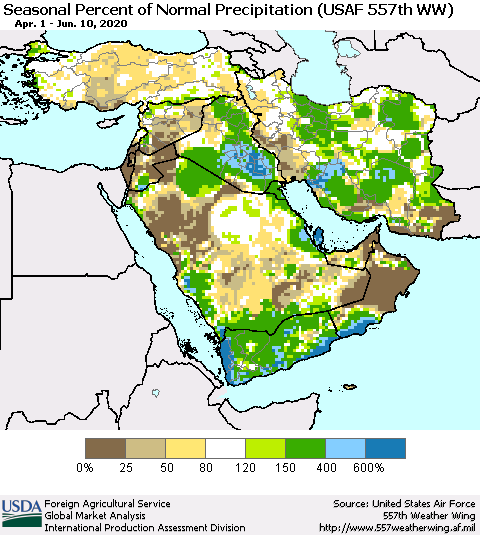 Middle East and Turkey Seasonal Percent of Normal Precipitation (USAF 557th WW) Thematic Map For 4/1/2020 - 6/10/2020