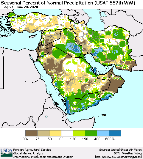 Middle East and Turkey Seasonal Percent of Normal Precipitation (USAF 557th WW) Thematic Map For 4/1/2020 - 6/20/2020