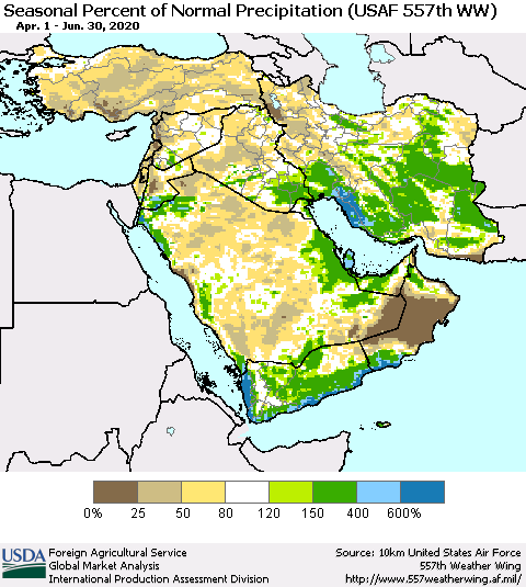 Middle East and Turkey Seasonal Percent of Normal Precipitation (USAF 557th WW) Thematic Map For 4/1/2020 - 6/30/2020