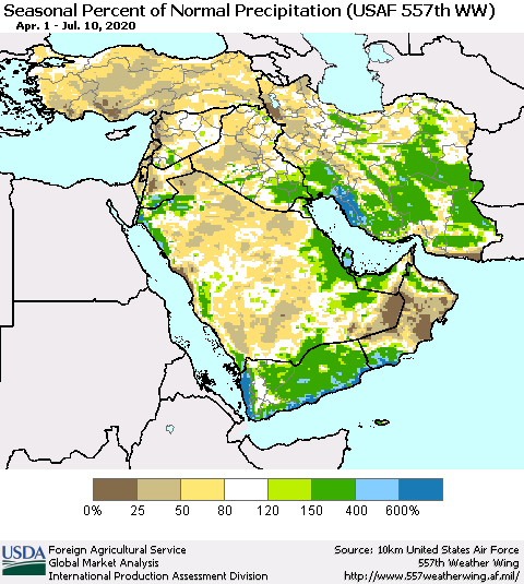 Middle East and Turkey Seasonal Percent of Normal Precipitation (USAF 557th WW) Thematic Map For 4/1/2020 - 7/10/2020
