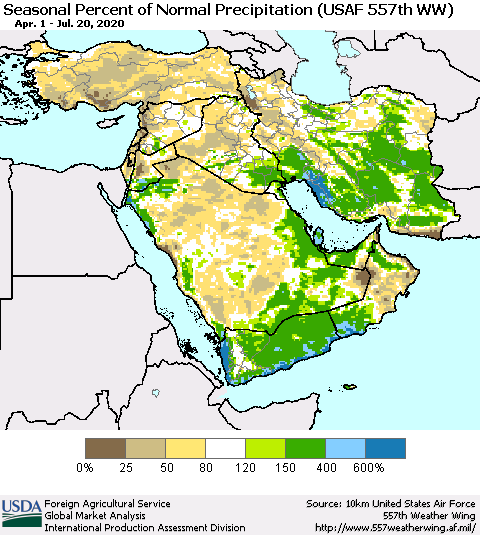 Middle East and Turkey Seasonal Percent of Normal Precipitation (USAF 557th WW) Thematic Map For 4/1/2020 - 7/20/2020