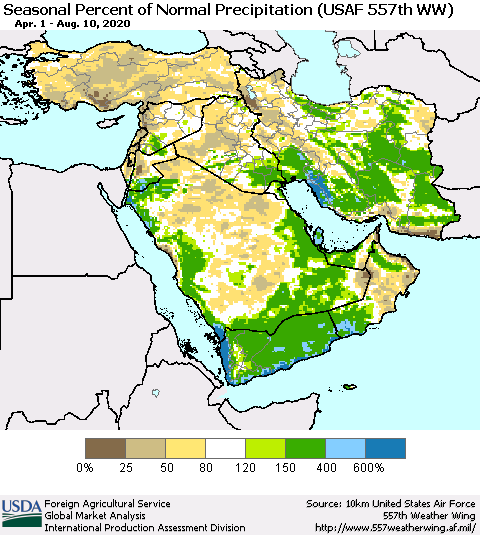 Middle East and Turkey Seasonal Percent of Normal Precipitation (USAF 557th WW) Thematic Map For 4/1/2020 - 8/10/2020