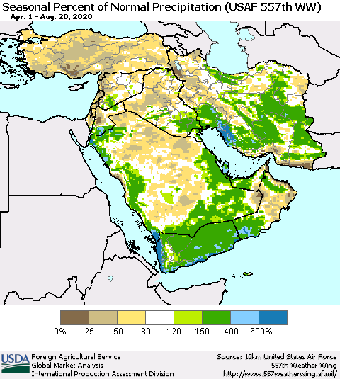 Middle East and Turkey Seasonal Percent of Normal Precipitation (USAF 557th WW) Thematic Map For 4/1/2020 - 8/20/2020