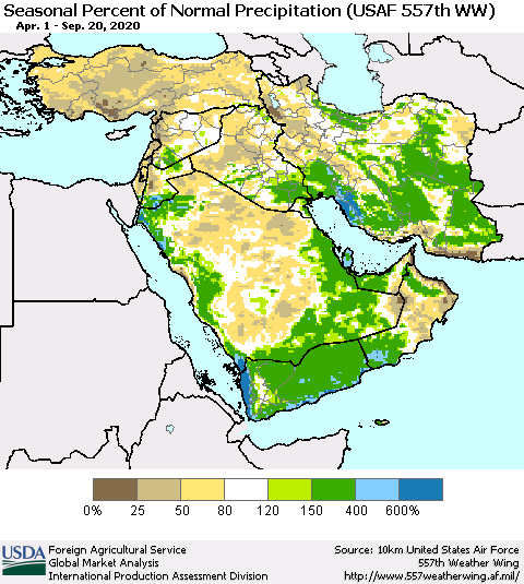Middle East and Turkey Seasonal Percent of Normal Precipitation (USAF 557th WW) Thematic Map For 4/1/2020 - 9/20/2020