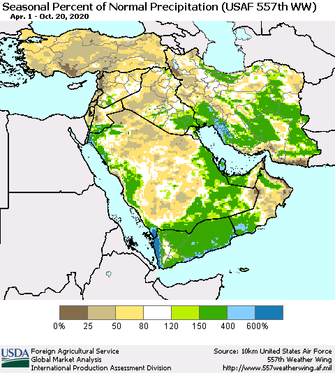 Middle East and Turkey Seasonal Percent of Normal Precipitation (USAF 557th WW) Thematic Map For 4/1/2020 - 10/20/2020
