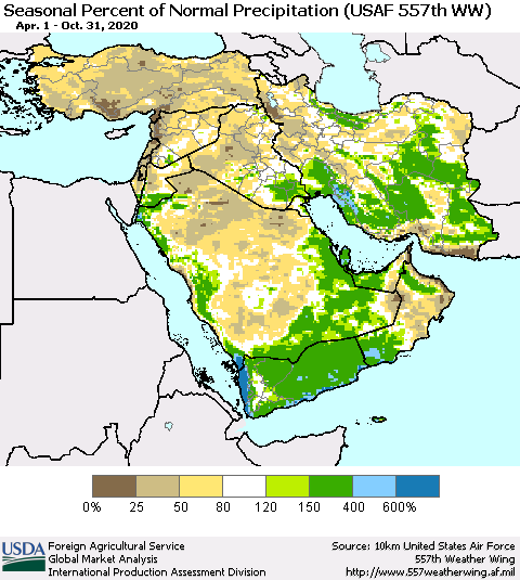 Middle East and Turkey Seasonal Percent of Normal Precipitation (USAF 557th WW) Thematic Map For 4/1/2020 - 10/31/2020