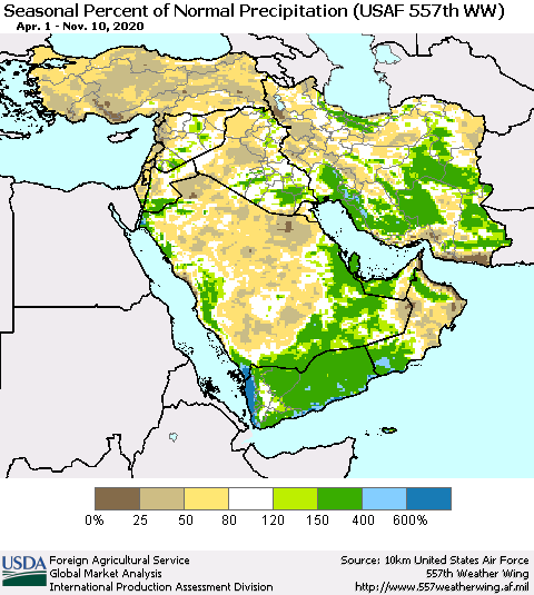 Middle East and Turkey Seasonal Percent of Normal Precipitation (USAF 557th WW) Thematic Map For 4/1/2020 - 11/10/2020