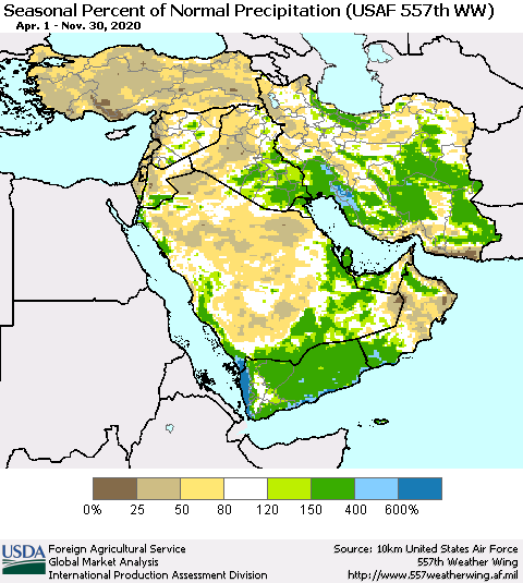 Middle East and Turkey Seasonal Percent of Normal Precipitation (USAF 557th WW) Thematic Map For 4/1/2020 - 11/30/2020