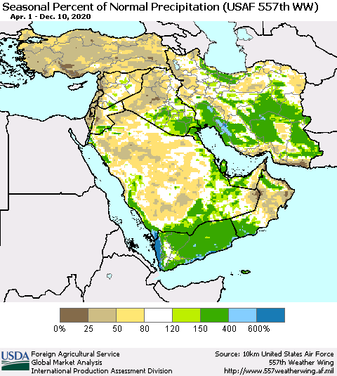 Middle East and Turkey Seasonal Percent of Normal Precipitation (USAF 557th WW) Thematic Map For 4/1/2020 - 12/10/2020