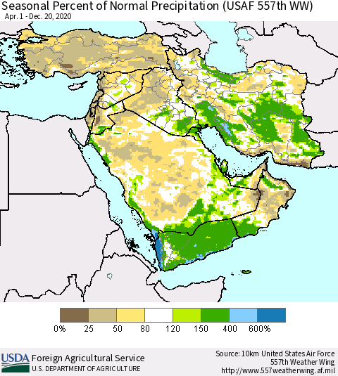 Middle East and Turkey Seasonal Percent of Normal Precipitation (USAF 557th WW) Thematic Map For 4/1/2020 - 12/20/2020