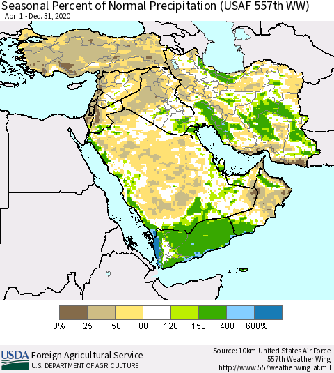 Middle East and Turkey Seasonal Percent of Normal Precipitation (USAF 557th WW) Thematic Map For 4/1/2020 - 12/31/2020