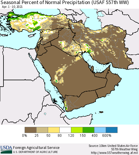Middle East and Turkey Seasonal Percent of Normal Precipitation (USAF 557th WW) Thematic Map For 4/1/2021 - 4/10/2021