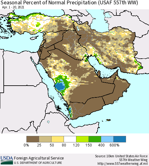 Middle East and Turkey Seasonal Percent of Normal Precipitation (USAF 557th WW) Thematic Map For 4/1/2021 - 4/20/2021