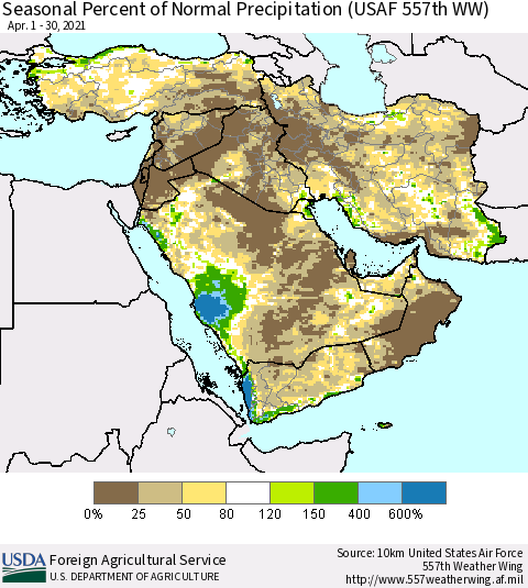 Middle East and Turkey Seasonal Percent of Normal Precipitation (USAF 557th WW) Thematic Map For 4/1/2021 - 4/30/2021