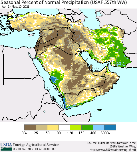 Middle East and Turkey Seasonal Percent of Normal Precipitation (USAF 557th WW) Thematic Map For 4/1/2021 - 5/10/2021