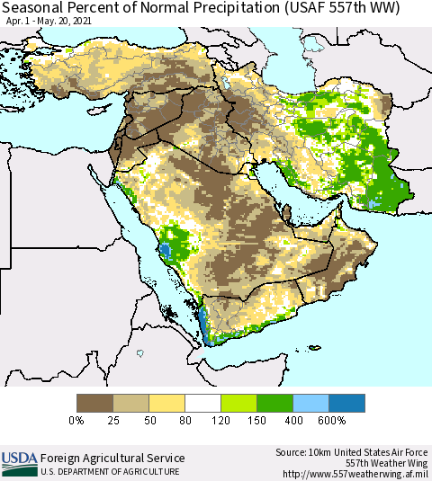 Middle East and Turkey Seasonal Percent of Normal Precipitation (USAF 557th WW) Thematic Map For 4/1/2021 - 5/20/2021