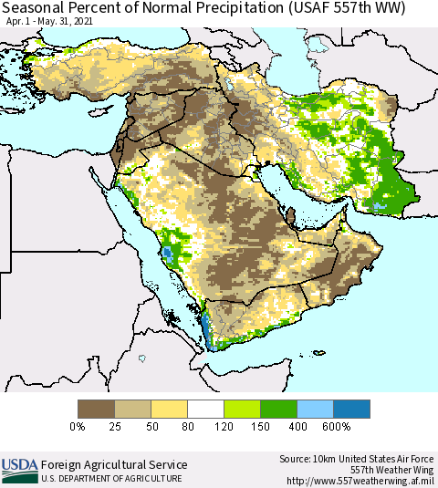 Middle East and Turkey Seasonal Percent of Normal Precipitation (USAF 557th WW) Thematic Map For 4/1/2021 - 5/31/2021