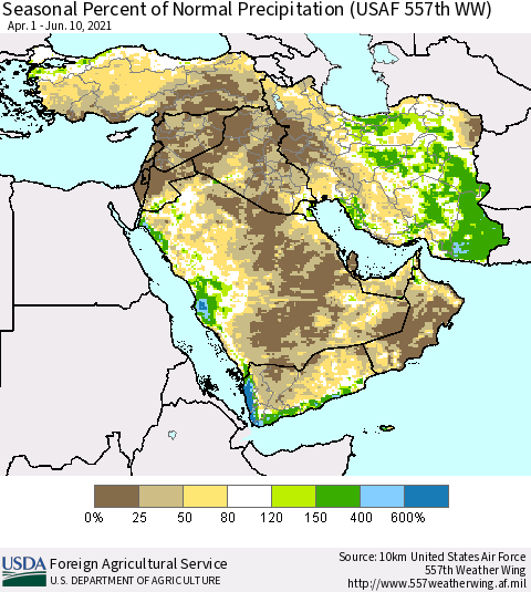 Middle East and Turkey Seasonal Percent of Normal Precipitation (USAF 557th WW) Thematic Map For 4/1/2021 - 6/10/2021