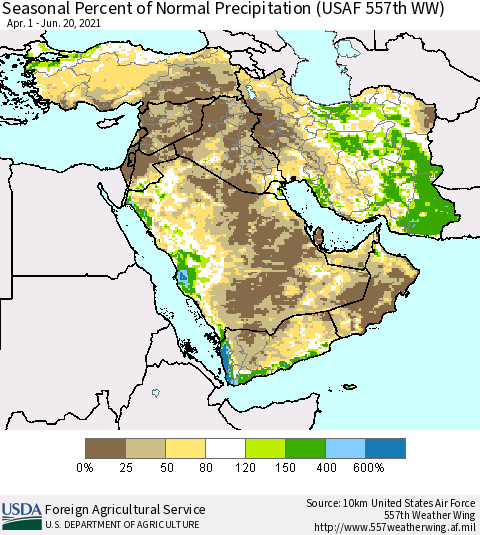 Middle East and Turkey Seasonal Percent of Normal Precipitation (USAF 557th WW) Thematic Map For 4/1/2021 - 6/20/2021
